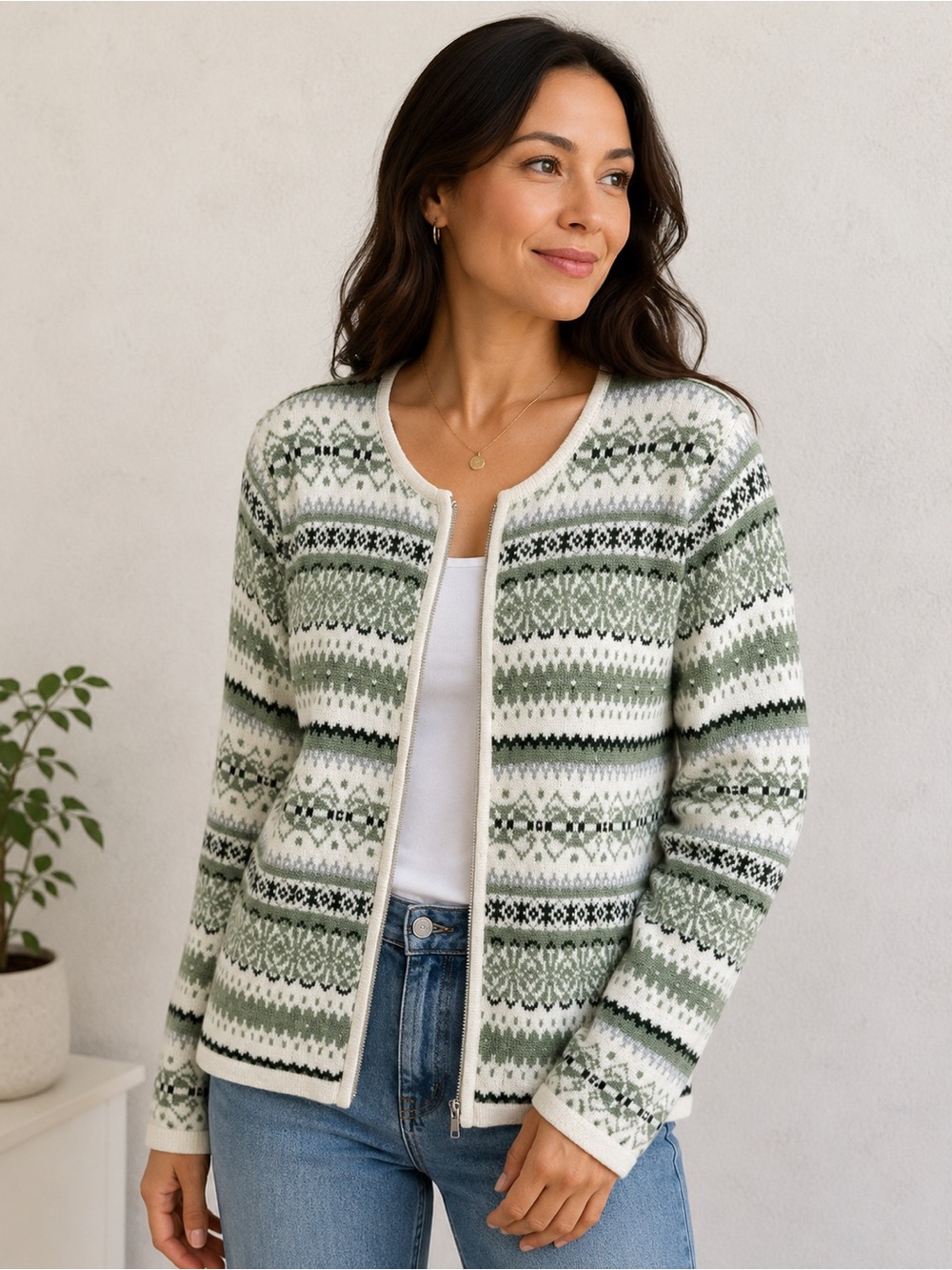 Christopher & Banks Sage and White Fair Isle Zip Cardigan Sweater L